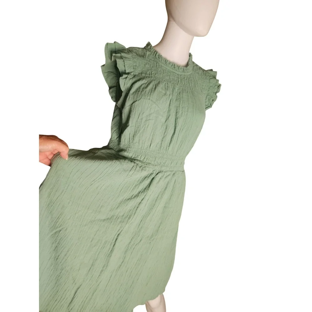 J. Crew Sage Green Ruffle Mini Dress SZ M Crinkle Fabric Keyhole Back